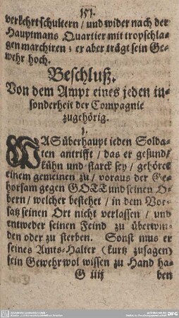 Beschluß. Von dem Ampt eines jeden insonderheit der compagnie zugehörig.