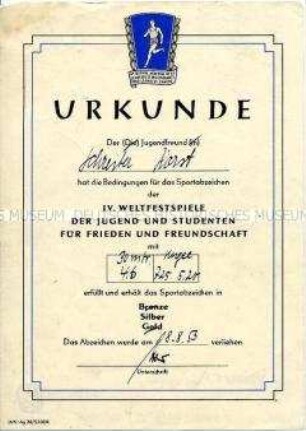 Urkunde zum Sportabzeichen der 4. Weltfestspiele der Jugend und Studenten in Silber