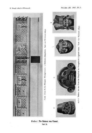 Taf. X. : Uxmal. Casa de las Monjas. Westgebäude. 1. Ostfassade (Hauptfront). Nach von Waldeck (1835). 2a, b, c. Masken, die dem Friese der Hauptfront des Westgebäudes eingesetzt waren. Nach von Waldeck (1835).