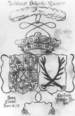 Bad Muskau-Köbeln. Papiermühle, Riesenumschlag des Schreibpapiers, 1678, Repro