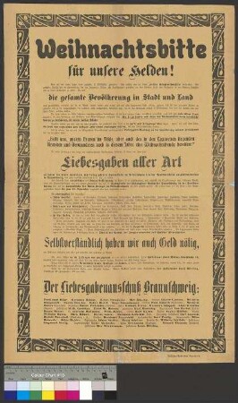 Aufruf zur Sammlung von Weihnachtspaketen und Geldspenden im Herzogtum Braunschweig für die braunschweigischen Soldaten im Ersten Weltkrieg (Kriegsjahr 1915)