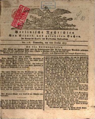 Berlinische Nachrichten von Staats- und gelehrten Sachen. 1817,10/12, 1817,10/12