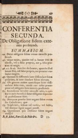 Conferentia Secunda. De Obligatione fidem exteriùs prositendi