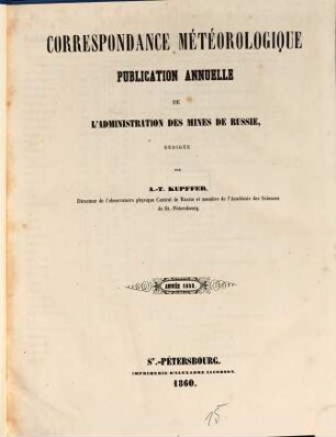 Correspondance météorologique : publication annuelle de l'Administration des Mines de Russie, 1858 (1860)