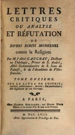 Lettres critiques ou analyse et réfutation de divers écrits modernes contre la religion, 11. Sur le livre de l'esprit