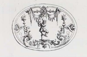 Inventions chinoises, Groteske : Unbekannter Künstler: Groteske mit Tamburin schlagendem Narren. Aus: Inventions chinoises III, Blatt 28. Kupferstich; 145 x 209 mm. Dresden: Kupferstich-Kabinett in B 1156,2 (III)