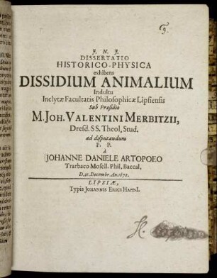 Dissertatio Historico-Physica exhibens Dissidium Animalium