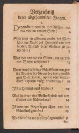Verzeichniß derer abgehandelten Fragen.