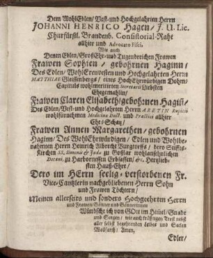 Dem Wohl Edlen, Vest- und Hochgelahrten Herrn Johanni Henrico Hagen [...] Frawen Sophien, gebohrnen Haginn [...] Frawen Claren Elisabeth, gebohrnen Haginn [...] Frawen Annen Margarethen, gebohrnen Haginn [...]