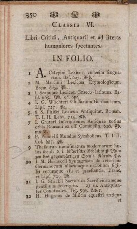 Classis VI. Libri Critici, Antiquarii et ad literas humaniores spectantes.