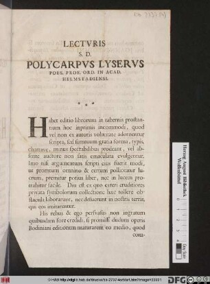 Lectvris S. D. Polycarpvs Lyservs Poes. Prof. Ord. In Acad. Helmstadiensi