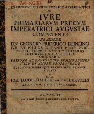 Exercitatio iur. publ.-eccl. de iure primariarum precum, imperatrici augustae competente