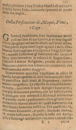 Della Persecutione di Moqui, Fimi, e Coga