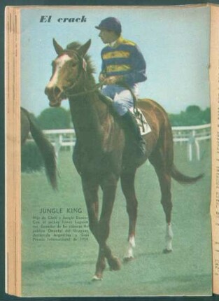 El crack: Jungle King, hijo de Claro y Jungle Dancer. Con el jockey Irineo Leguisamo [...] - [Fotografía]