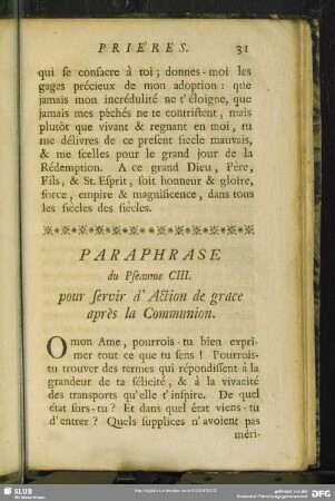 Paraphrase du Pseaume CIII. pour servir d' Action de grace après la Communion