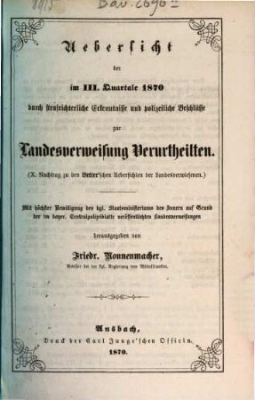 Übersicht der durch strafrichterliche Erkenntnisse und polizeiliche Beschlüsse zur Landesverweisung Verurtheilten. 1870, Quartal 3 = Nachtr. 10