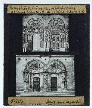 Straßburg, Münster : Portal, Architekturfoto + Stich von Isaak Bru.