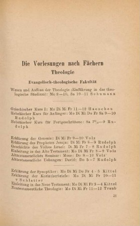 21-43, Die Vorlesungen nach Fächern