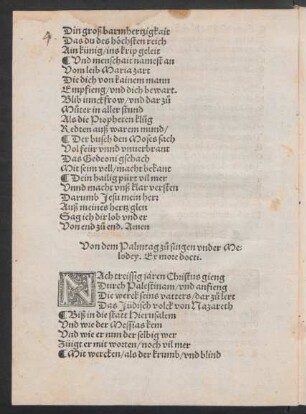 Von dem Palmtag zu° singen vnder Me=||lodey. Ex more docti. ||