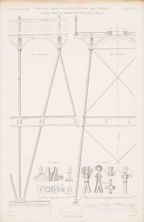 Überbaue amerikanischer Brücken und Viadukte: Seitenansicht, Querschnitt, Details (aus: Atlas zur Zeitschrift für Bauwesen, hrsg. v. G. Erbkam, Jg. 12, 1862)
