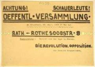 Einladung der Revolutionären Opposition an die Hafenarbeiter zur öffentlichen Versammlung und Bericht über die Lage in Bremen