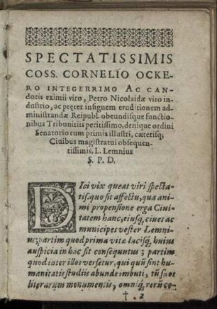Spectatissimis Coss. Cornelio Ockero ...