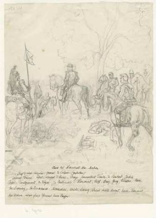 Offiziersstab des frz. Marschalls Mac-Mahon, 1870/71: Mac-Mahon und sieben seiner Offiziere in Uniform mit Mütze zu Pferd, davor Kriegsgerät und Gefallene
