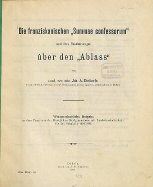 Die franziskanischen "Summae confessorum" und ihre Bestimmungen über den "Ablass"