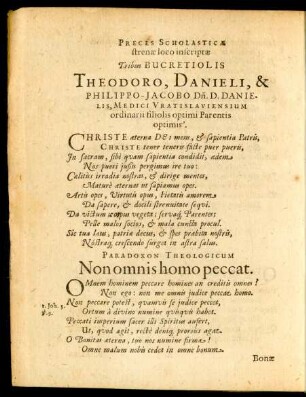 Preces Scholasticae strenae loco inscriptae Tribus Bucretiolis