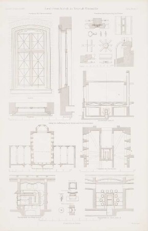 Landesirrenanstalt, Neustadt-Eberswalde: Grundriss Gesellschaftsraum, Ansicht, Schnitt, Details Fenster Krankenzimmer, Details Anlage der Luftheizung (aus: Atlas zur Zeitschrift für Bauwesen, hrsg. v. G. Erbkam, Jg. 19, 1869)
