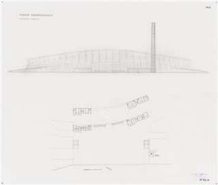 Stadion Oberwiesenfeld, München: Mappe »Wettbewerb Stadion München, Entwurf Professor Werner March«. 2 Grundrisse Haupteingang (EG Und 1.OG), Ostansicht mit Ansicht Turm und Haupteingang, ca. 1:660
