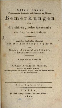 Bemerkungen über die chirurgische Anatomie des Kopfes und Halses