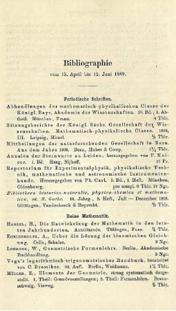 Bibliographie vom 15. April bis 15. Juni 1869.