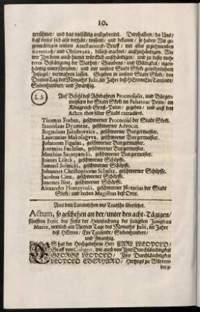10-19, Aus dem Lateinischen ins Teutsche uebersetzt. Actum ...; ...