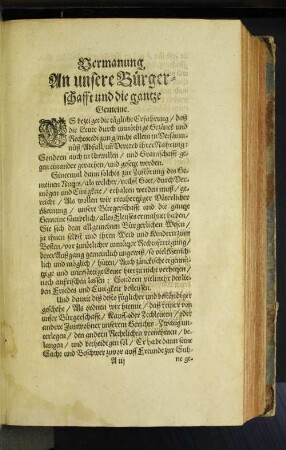Vermanung An unsere Bürgerschafft und die gantze Gemeine.