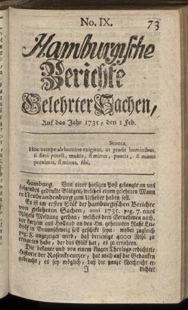 No. IX. Auf das Jahr 1735, den 1 Feb. - No. XVI. Auf das Jahr 1735, den 25 Feb.
