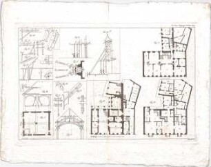 Voit, Johann Michael; Dachkonstruktion und Grundrisse - Grundrisse, Teilansicht, Querschnitt, Details