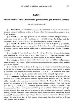 XXXIV. Observationes circa divisionem quadratorum per numeros primos.