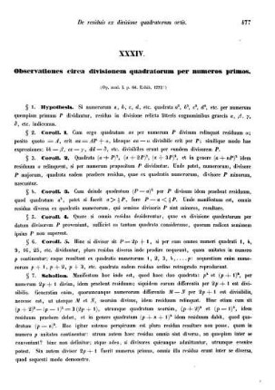XXXIV. Observationes circa divisionem quadratorum per numeros primos.