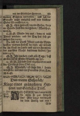 Das vierte Gespräch/ Klage eines geängsteten Hertzens/ und Göttlicher Tröst.