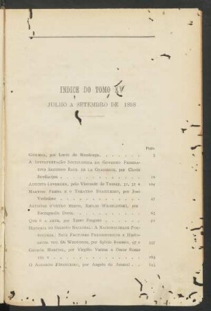 Indice do tomo XV, Julho a Setembro de 1898