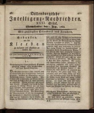 XXXI. Stück. Sonnabends: den 1. Aug., 1789.