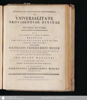 Dissertatio Inavgvralis Philosophica De Vniversalitate Providentiae Divinae In Mvndo Optimo