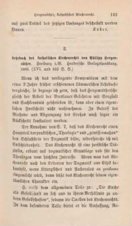 143-149 [Rezension] Hergenröther, Philipp, Lehrbuch des katholischen Kirchenrechts