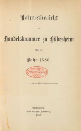 1886: Jahresbericht der Handelskammer zu Hildesheim