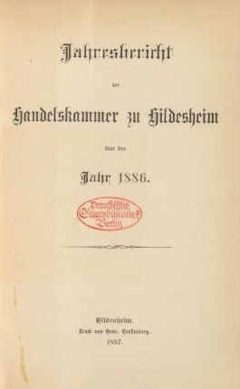 1886: Jahresbericht der Handelskammer zu Hildesheim