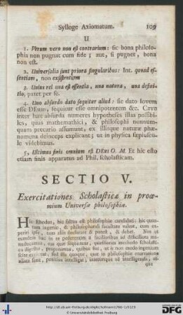 Sectio V. Exercitationes Scholasticae in prooemium Universae philosophiae.