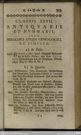 Classis XXVII. Antiquarii Et Nummarii, Item Heraldici Atque Genealogici, Et Similes