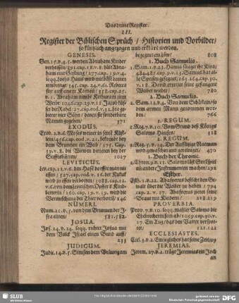 III. Register der Biblischen Sprüch, Historien und Vorbilder, so kürtzlich angezogen und erklärt werden