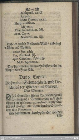 Das 8. Capitel. De Paralysi, Schwachheit, und Disolution der Glieder und Nerven. Oder Lähmung
